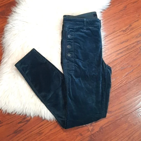 J Brand Forrest Green Velvet Flat Front Button Skinny Pants - Picture 1 of 6